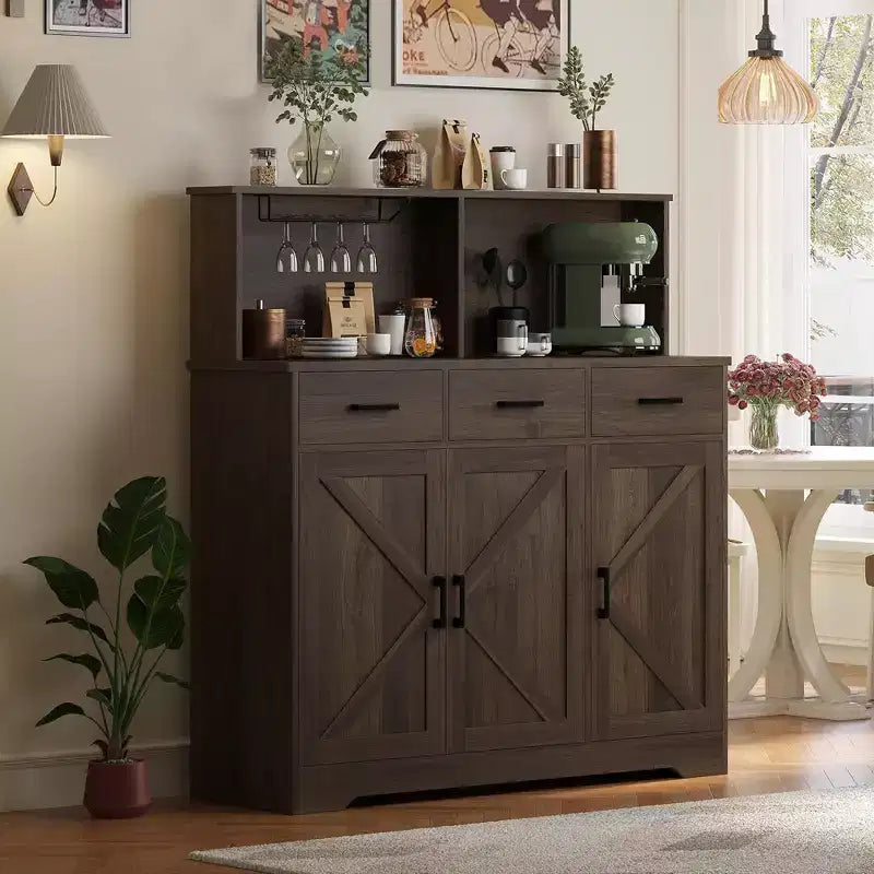 Farmhouse Sideboard Buffet with Microwave Stand, Barn Doors Buffet Storage Cabinet with Drawers and Shelves, Wood Coffee Bar Cabinet