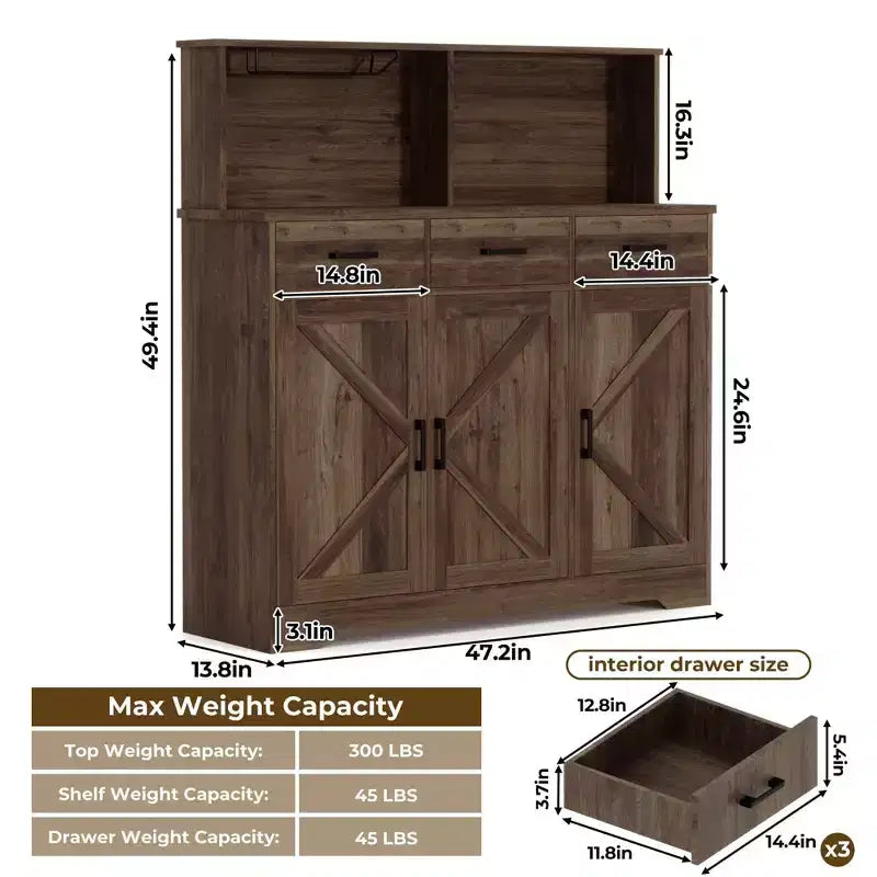Farmhouse Sideboard Buffet with Microwave Stand, Barn Doors Buffet Storage Cabinet with Drawers and Shelves, Wood Coffee Bar Cabinet