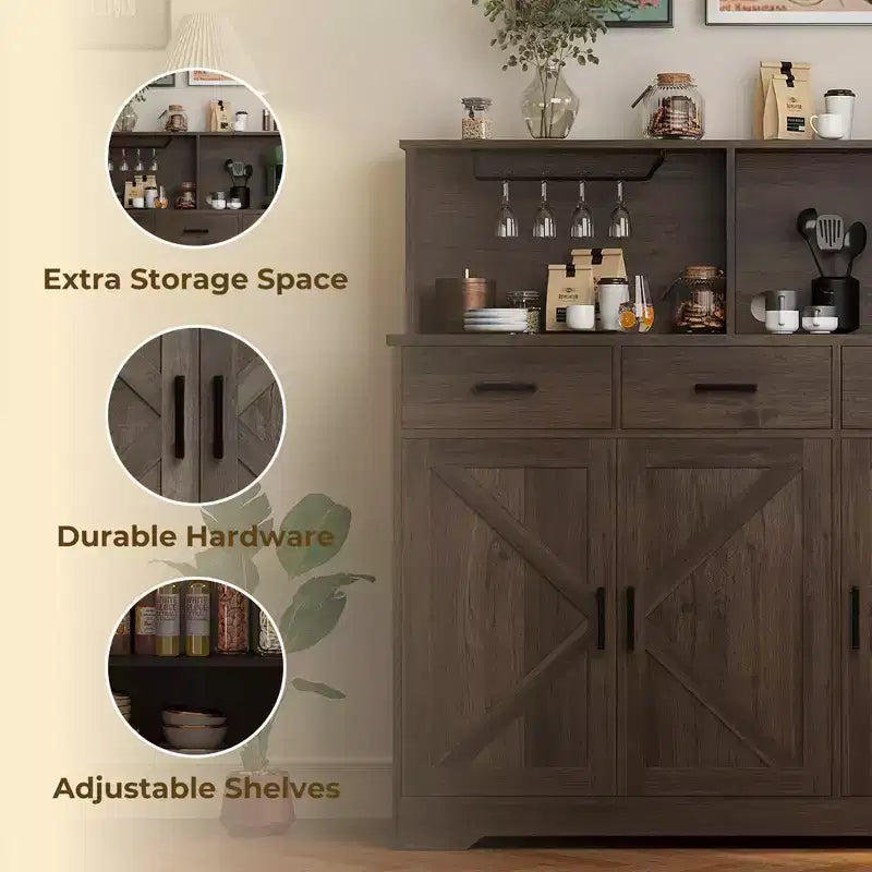 Farmhouse Sideboard Buffet with Microwave Stand, Barn Doors Buffet Storage Cabinet with Drawers and Shelves, Wood Coffee Bar Cabinet