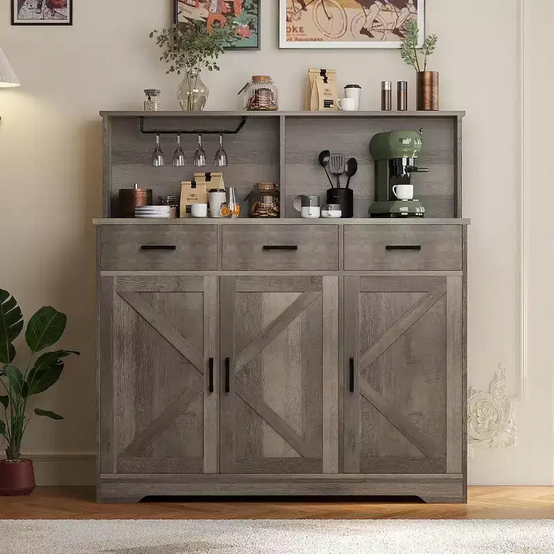 Farmhouse Sideboard Buffet with Microwave Stand, Barn Doors Buffet Storage Cabinet with Drawers and Shelves, Wood Coffee Bar Cabinet