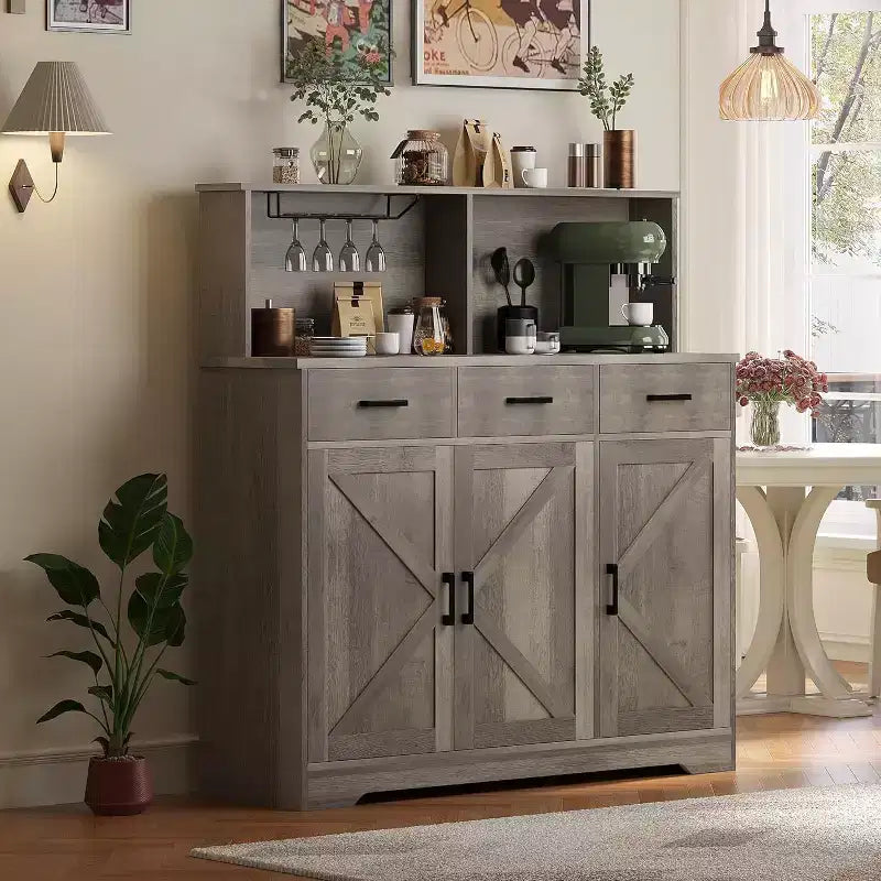 Farmhouse Sideboard Buffet with Microwave Stand, Barn Doors Buffet Storage Cabinet with Drawers and Shelves, Wood Coffee Bar Cabinet