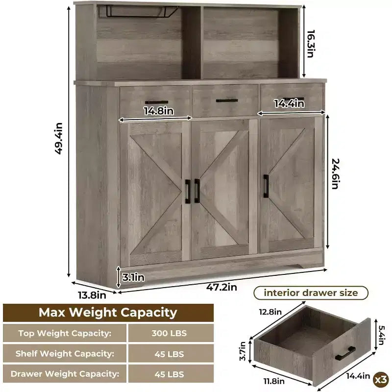 Farmhouse Sideboard Buffet with Microwave Stand, Barn Doors Buffet Storage Cabinet with Drawers and Shelves, Wood Coffee Bar Cabinet