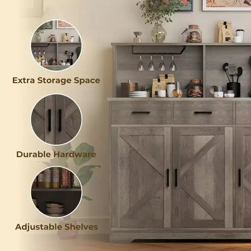 Farmhouse Sideboard Buffet with Microwave Stand, Barn Doors Buffet Storage Cabinet with Drawers and Shelves, Wood Coffee Bar Cabinet