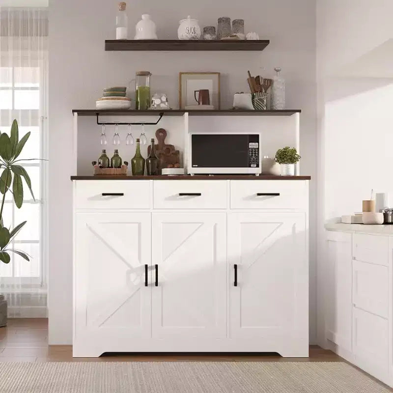 Farmhouse Sideboard Buffet with Microwave Stand, Barn Doors Buffet Storage Cabinet with Drawers and Shelves, Wood Coffee Bar Cabinet