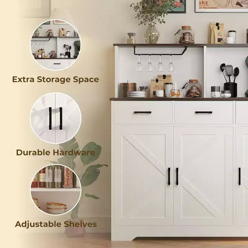 Farmhouse Sideboard Buffet with Microwave Stand, Barn Doors Buffet Storage Cabinet with Drawers and Shelves, Wood Coffee Bar Cabinet