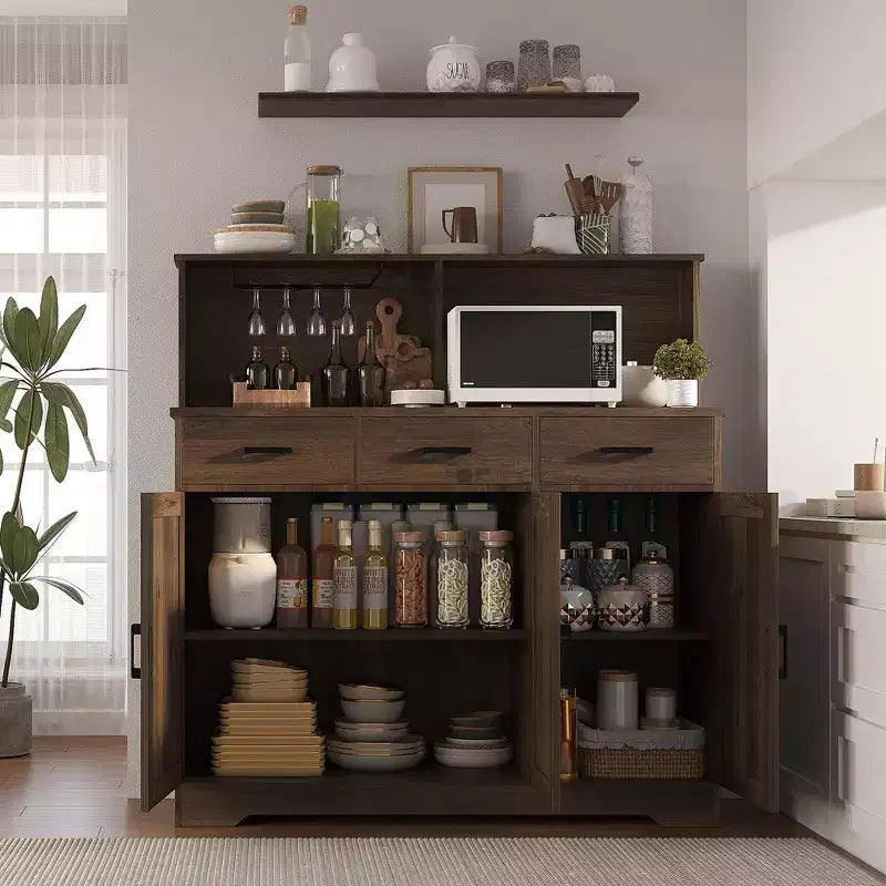 Farmhouse Sideboard Buffet with Microwave Stand, Barn Doors Buffet Storage Cabinet with Drawers and Shelves, Wood Coffee Bar Cabinet