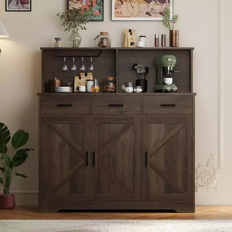 Farmhouse Sideboard Buffet with Microwave Stand, Barn Doors Buffet Storage Cabinet with Drawers and Shelves, Wood Coffee Bar Cabinet