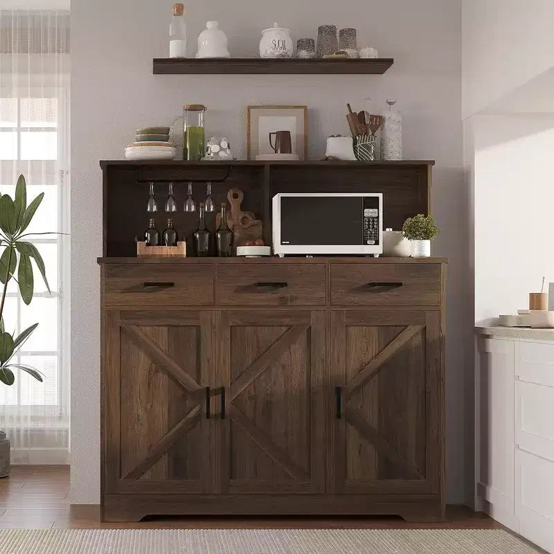 Farmhouse Sideboard Buffet with Microwave Stand, Barn Doors Buffet Storage Cabinet with Drawers and Shelves, Wood Coffee Bar Cabinet