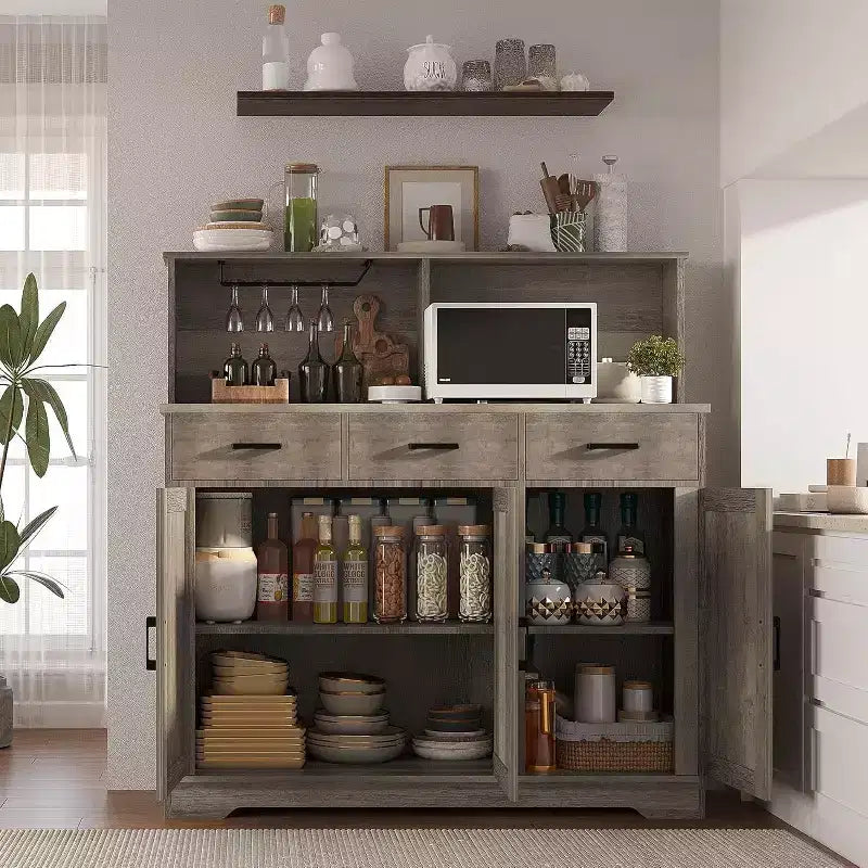 Farmhouse Sideboard Buffet with Microwave Stand, Barn Doors Buffet Storage Cabinet with Drawers and Shelves, Wood Coffee Bar Cabinet