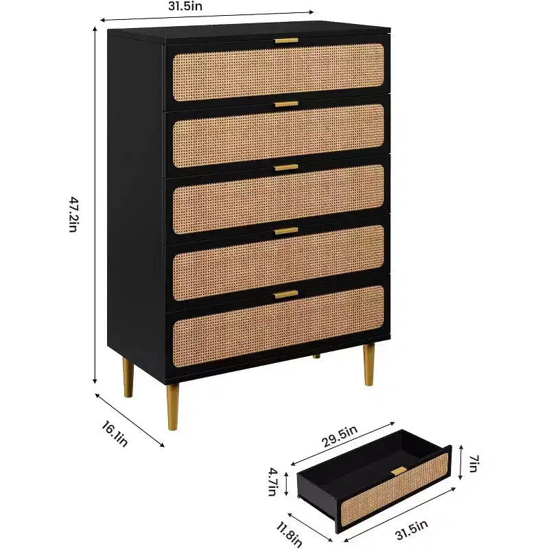 Rattan 5 Drawer Dresser for Bedroom, Large Double Dresser, Wooden Chest of Drawers for Closet with Wide Top, for Living Room, Hallway
