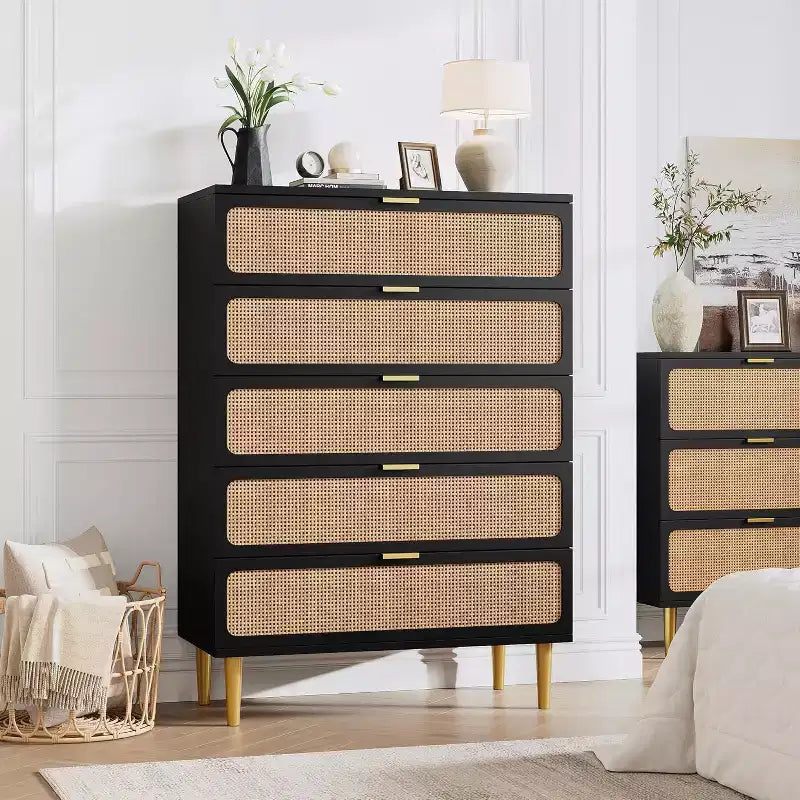 Rattan 5 Drawer Dresser for Bedroom, Large Double Dresser, Wooden Chest of Drawers for Closet with Wide Top, for Living Room, Hallway