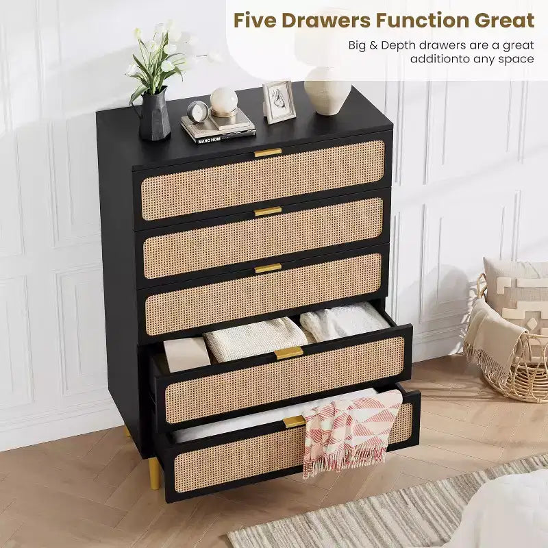Rattan 5 Drawer Dresser for Bedroom, Large Double Dresser, Wooden Chest of Drawers for Closet with Wide Top, for Living Room, Hallway
