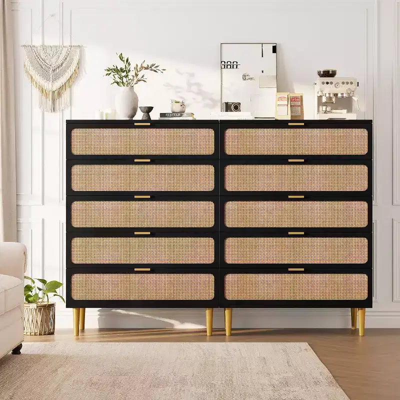 Rattan 5 Drawer Dresser for Bedroom, Large Double Dresser, Wooden Chest of Drawers for Closet with Wide Top, for Living Room, Hallway