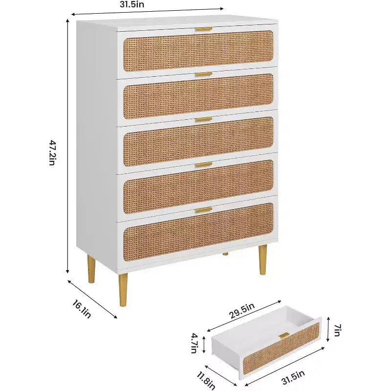 Rattan 5 Drawer Dresser for Bedroom, Large Double Dresser, Wooden Chest of Drawers for Closet with Wide Top, for Living Room, Hallway