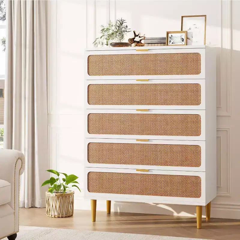 Rattan 5 Drawer Dresser for Bedroom, Large Double Dresser, Wooden Chest of Drawers for Closet with Wide Top, for Living Room, Hallway