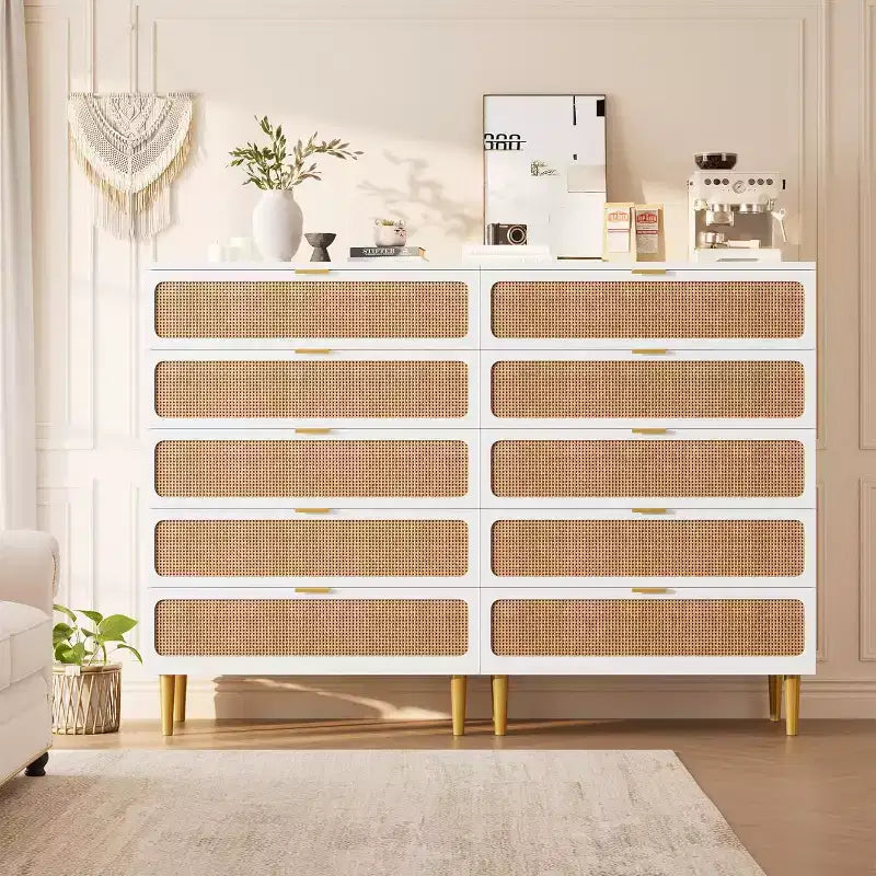 Rattan 5 Drawer Dresser for Bedroom, Large Double Dresser, Wooden Chest of Drawers for Closet with Wide Top, for Living Room, Hallway