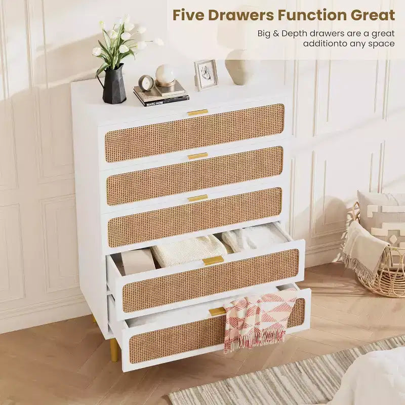 Rattan 5 Drawer Dresser for Bedroom, Large Double Dresser, Wooden Chest of Drawers for Closet with Wide Top, for Living Room, Hallway
