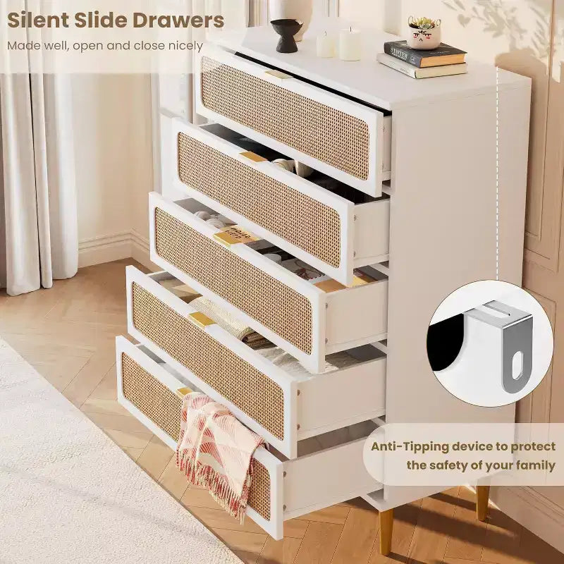 Rattan 5 Drawer Dresser for Bedroom, Large Double Dresser, Wooden Chest of Drawers for Closet with Wide Top, for Living Room, Hallway
