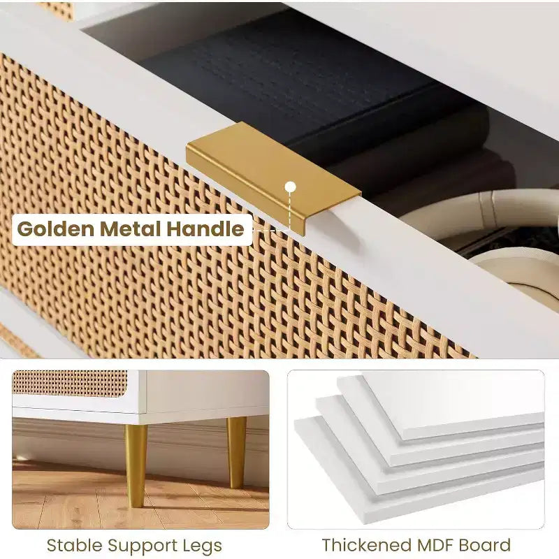 Rattan 5 Drawer Dresser for Bedroom, Large Double Dresser, Wooden Chest of Drawers for Closet with Wide Top, for Living Room, Hallway