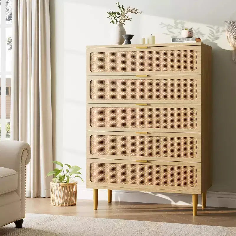 Rattan 5 Drawer Dresser for Bedroom, Large Double Dresser, Wooden Chest of Drawers for Closet with Wide Top, for Living Room, Hallway