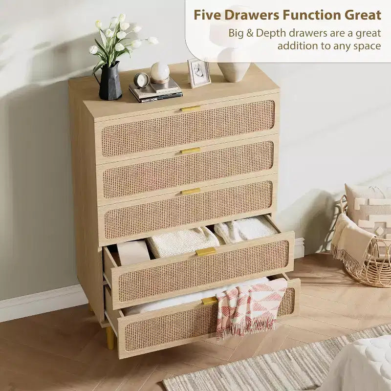 Rattan 5 Drawer Dresser for Bedroom, Large Double Dresser, Wooden Chest of Drawers for Closet with Wide Top, for Living Room, Hallway