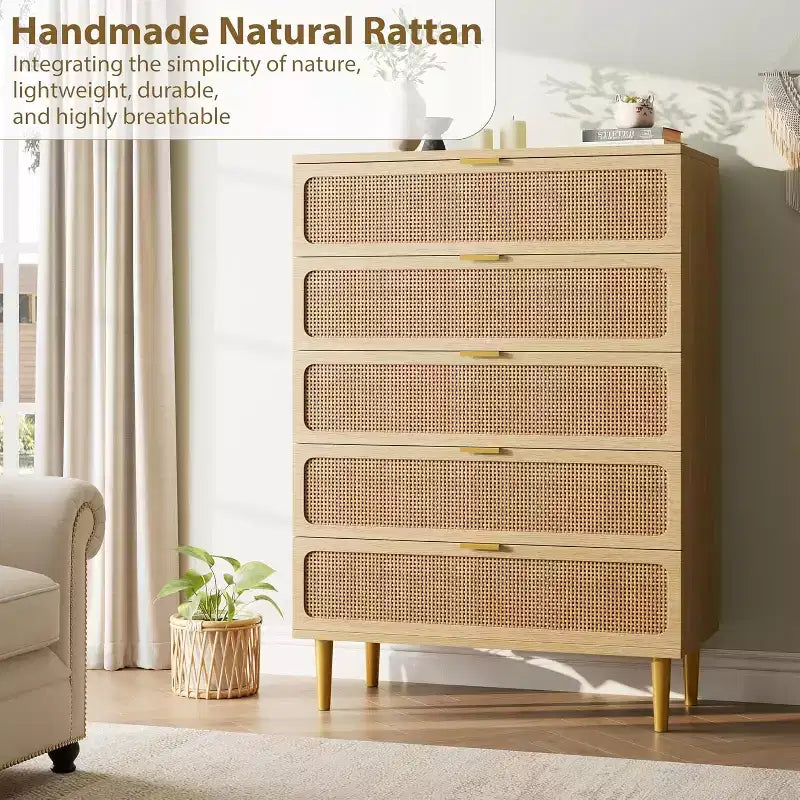 Rattan 5 Drawer Dresser for Bedroom, Large Double Dresser, Wooden Chest of Drawers for Closet with Wide Top, for Living Room, Hallway