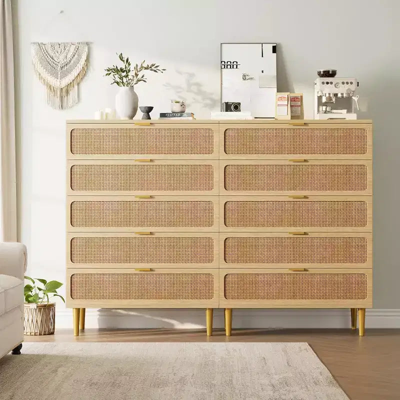 Rattan 5 Drawer Dresser for Bedroom, Large Double Dresser, Wooden Chest of Drawers for Closet with Wide Top, for Living Room, Hallway