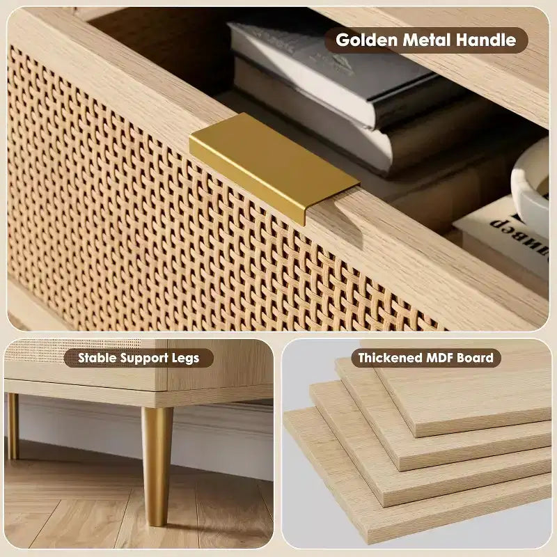 Rattan 5 Drawer Dresser for Bedroom, Large Double Dresser, Wooden Chest of Drawers for Closet with Wide Top, for Living Room, Hallway