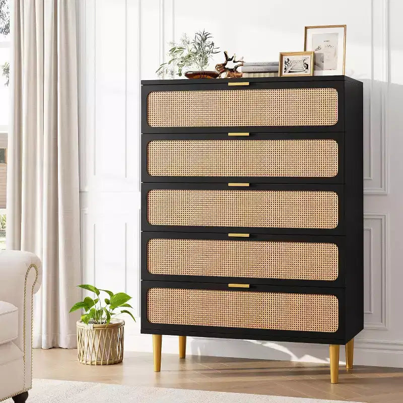 Rattan 5 Drawer Dresser for Bedroom, Large Double Dresser, Wooden Chest of Drawers for Closet with Wide Top, for Living Room, Hallway
