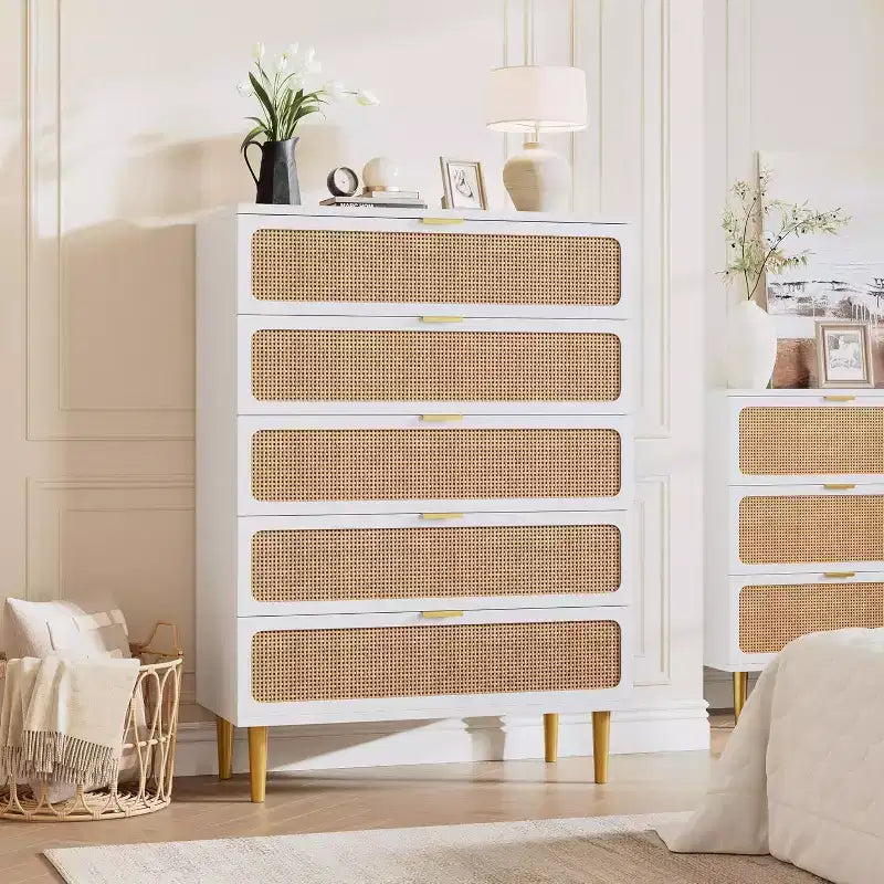 Rattan 5 Drawer Dresser for Bedroom, Large Double Dresser, Wooden Chest of Drawers for Closet with Wide Top, for Living Room, Hallway