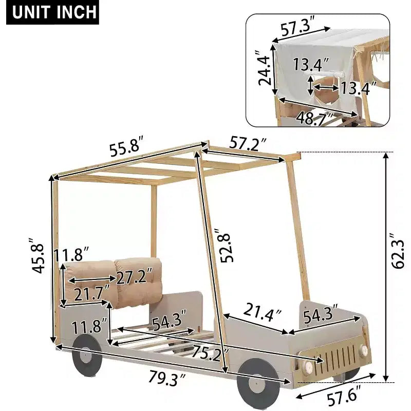 Car-Shaped Platform Bed Frame for Kids with Headboard Pillow, Ceiling Cloth Canopy & LED Lights, No Box Spring Needed