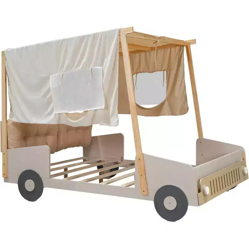 Car-Shaped Platform Bed Frame for Kids with Headboard Pillow, Ceiling Cloth Canopy & LED Lights, No Box Spring Needed