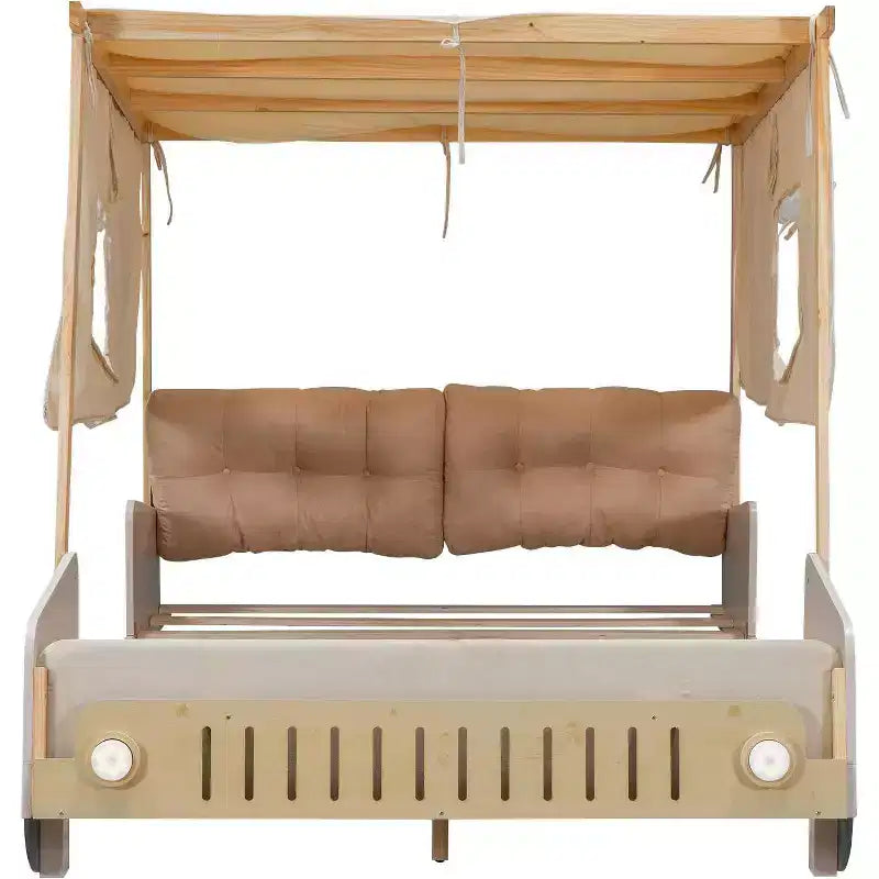 Car-Shaped Platform Bed Frame for Kids with Headboard Pillow, Ceiling Cloth Canopy & LED Lights, No Box Spring Needed