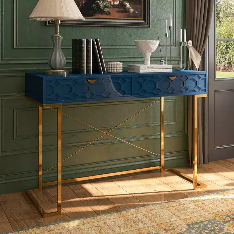 42" Modern Console Table Writing Desk with 2 Drawers and Gold Handles
