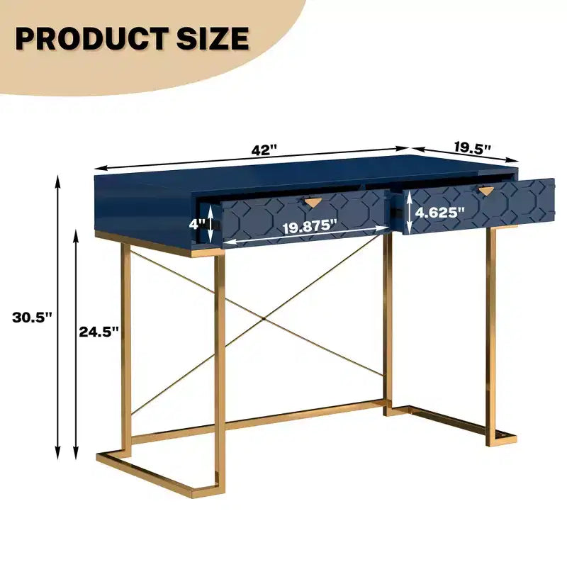 42" Modern Console Table Writing Desk with 2 Drawers and Gold Handles