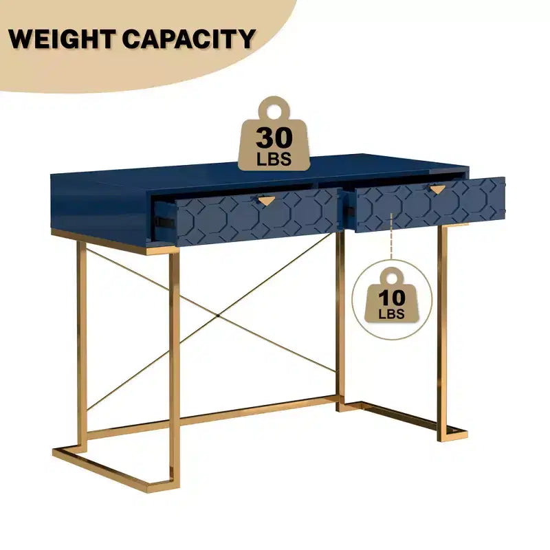 42" Modern Console Table Writing Desk with 2 Drawers and Gold Handles