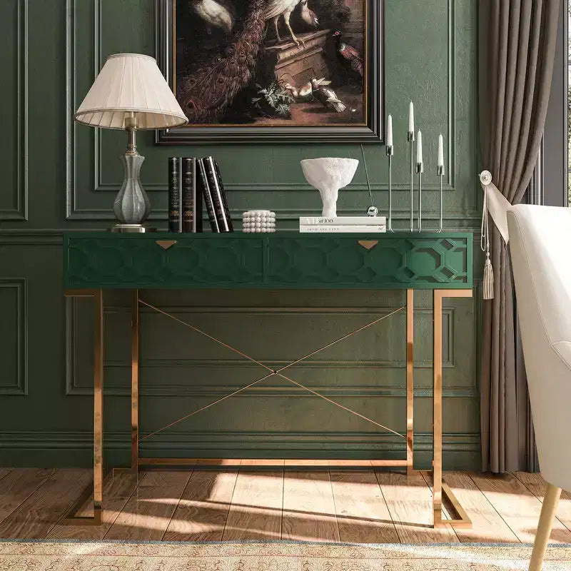 42" Modern Console Table Writing Desk with 2 Drawers and Gold Handles