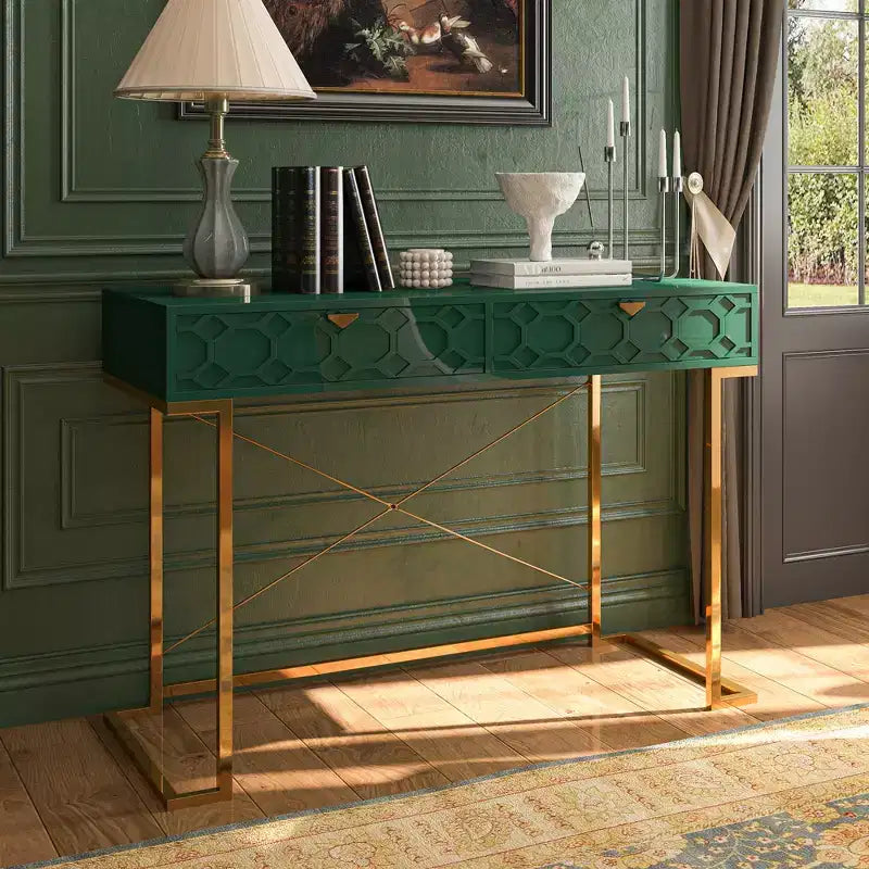 42" Modern Console Table Writing Desk with 2 Drawers and Gold Handles