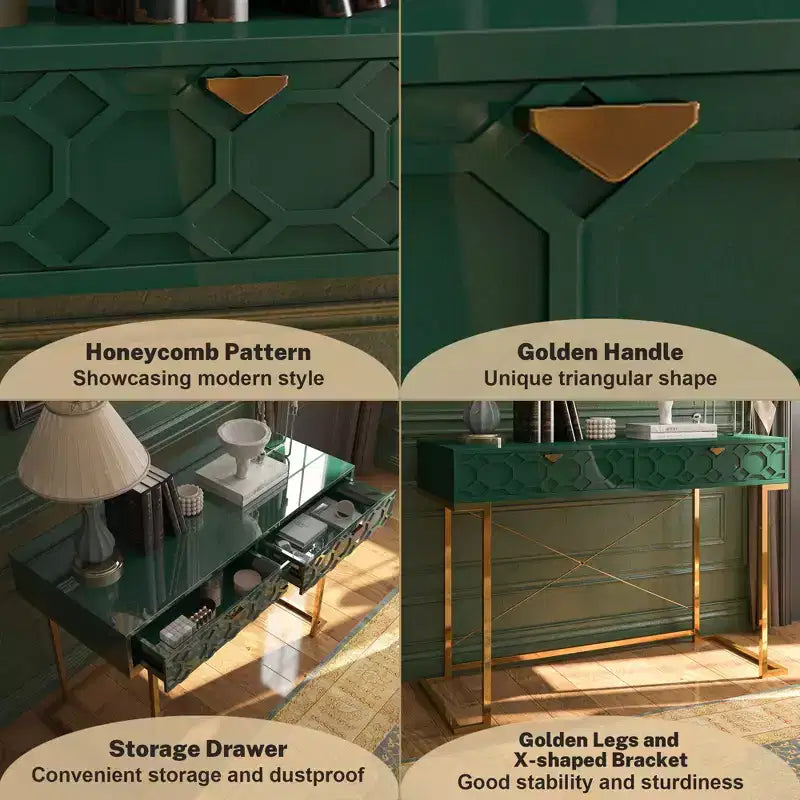 42" Modern Console Table Writing Desk with 2 Drawers and Gold Handles