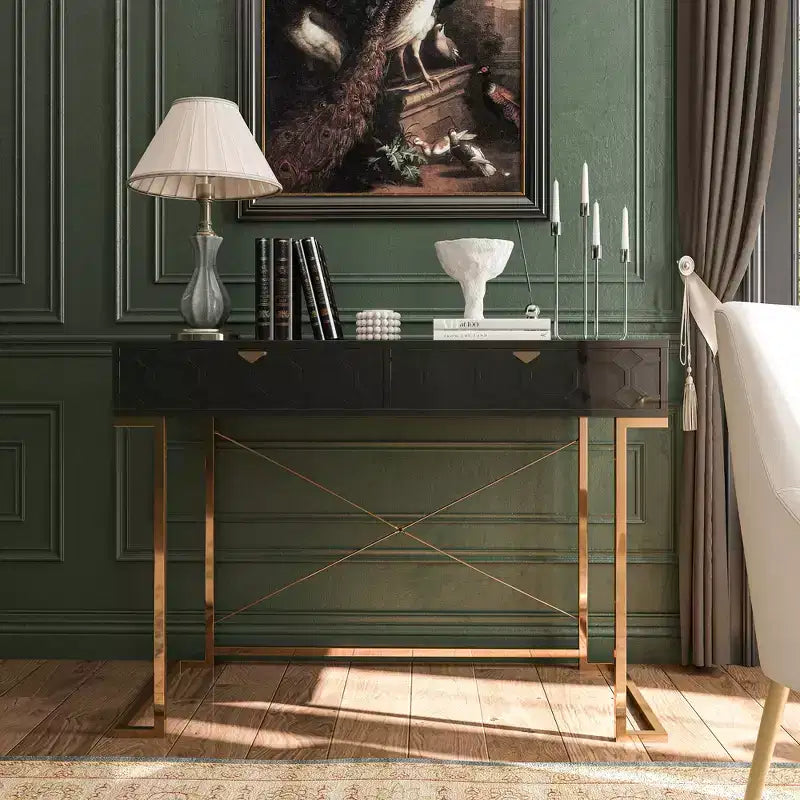 42" Modern Console Table Writing Desk with 2 Drawers and Gold Handles
