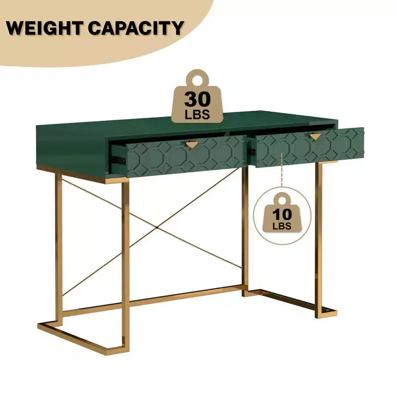 42" Modern Console Table Writing Desk with 2 Drawers and Gold Handles