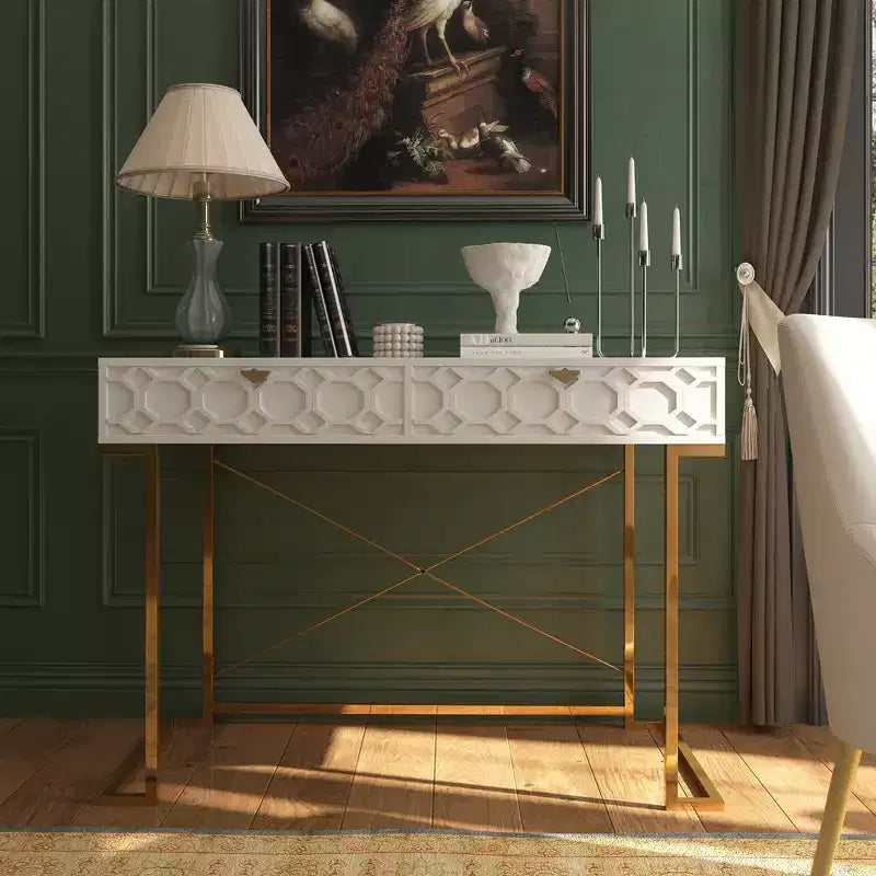 42" Modern Console Table Writing Desk with 2 Drawers and Gold Handles