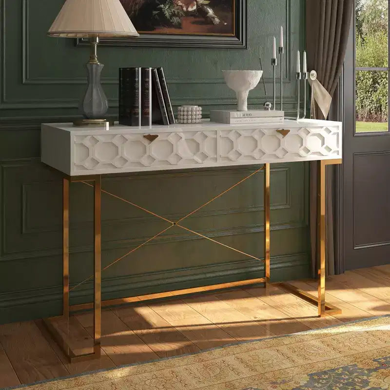 42" Modern Console Table Writing Desk with 2 Drawers and Gold Handles