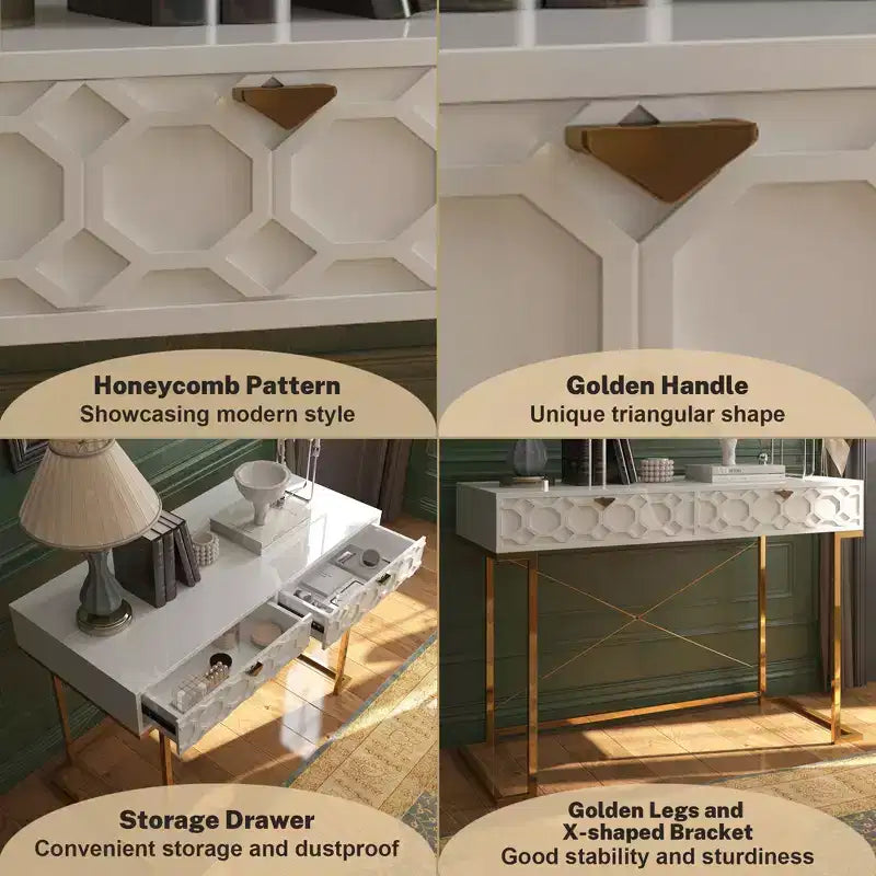 42" Modern Console Table Writing Desk with 2 Drawers and Gold Handles