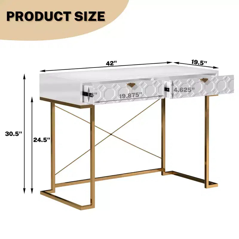 42" Modern Console Table Writing Desk with 2 Drawers and Gold Handles