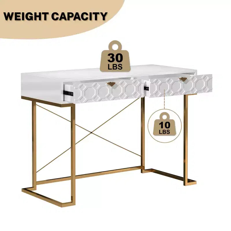 42" Modern Console Table Writing Desk with 2 Drawers and Gold Handles