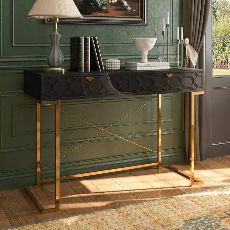 42" Modern Console Table Writing Desk with 2 Drawers and Gold Handles