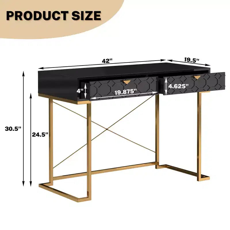42" Modern Console Table Writing Desk with 2 Drawers and Gold Handles