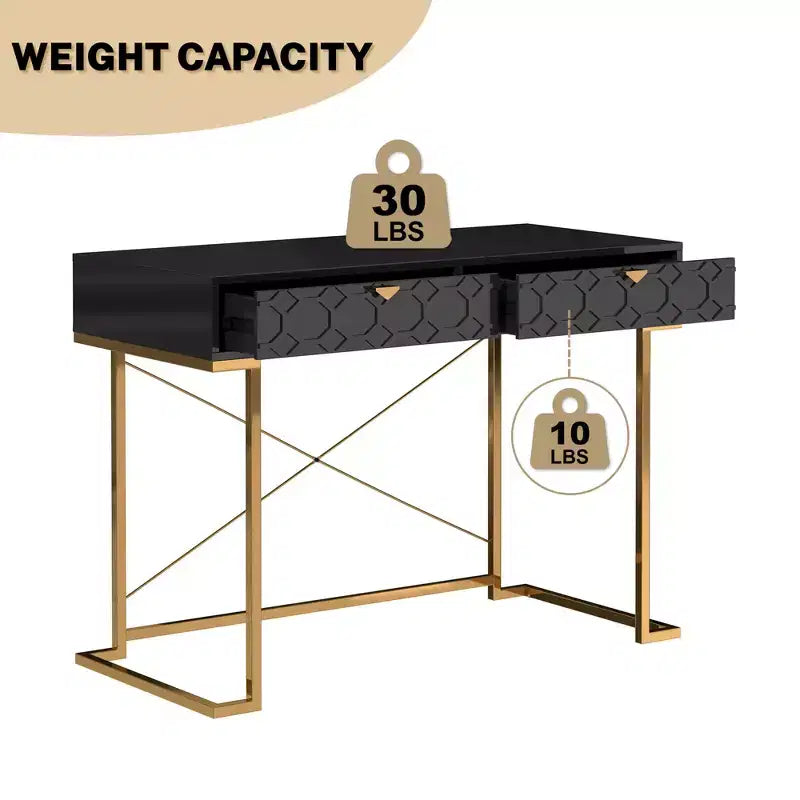 42" Modern Console Table Writing Desk with 2 Drawers and Gold Handles