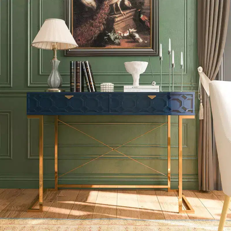42" Modern Console Table Writing Desk with 2 Drawers and Gold Handles